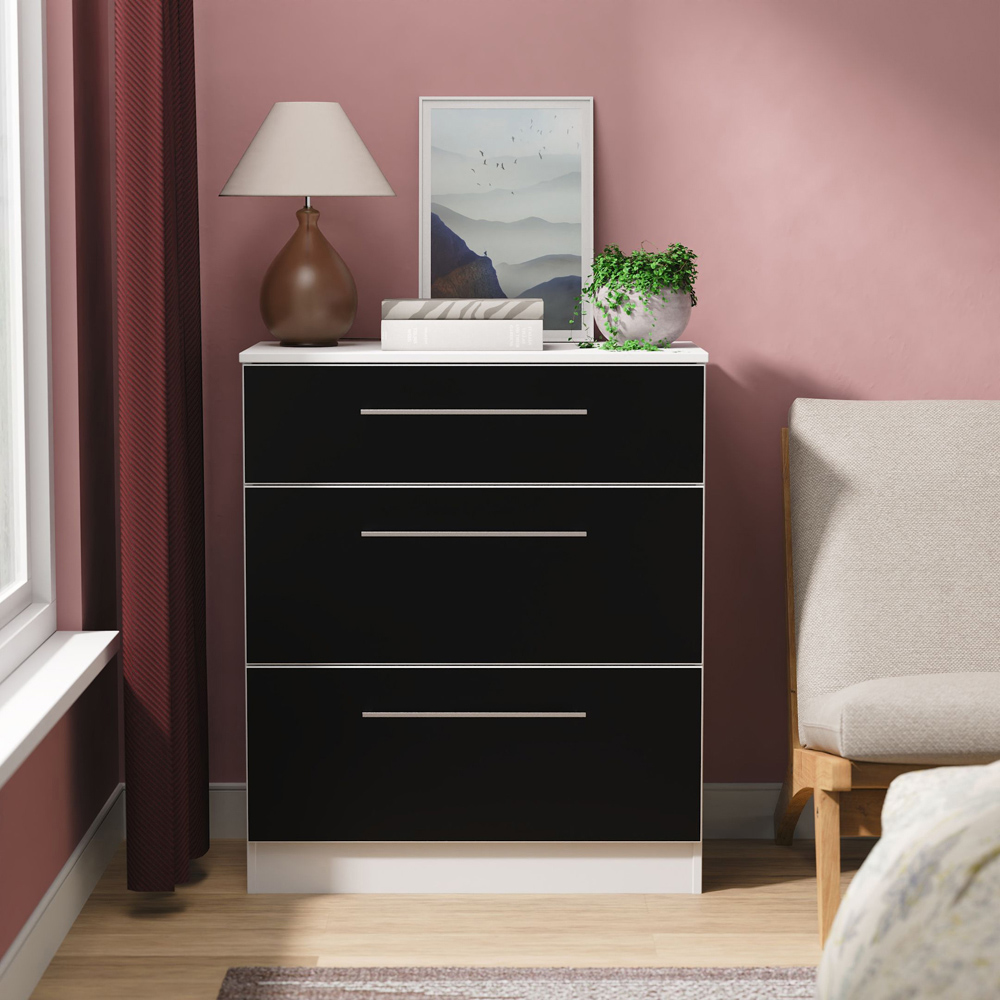 Crowndale Worcester 3 Drawer Matt Black and White Deep Chest of Drawers Ready Assembled Image 7