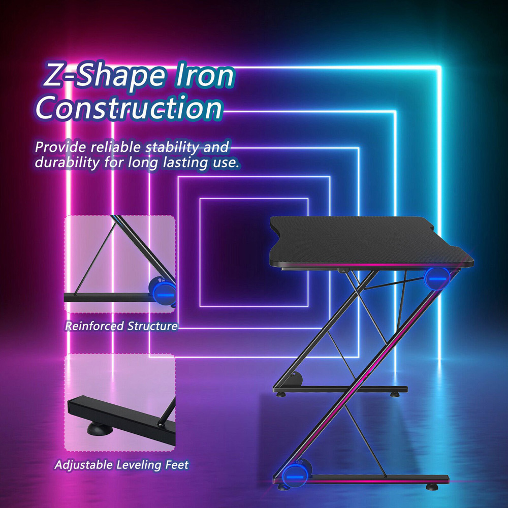Costway Z Shaped Ergonomic Gaming Desk with Blue Lights Image 7