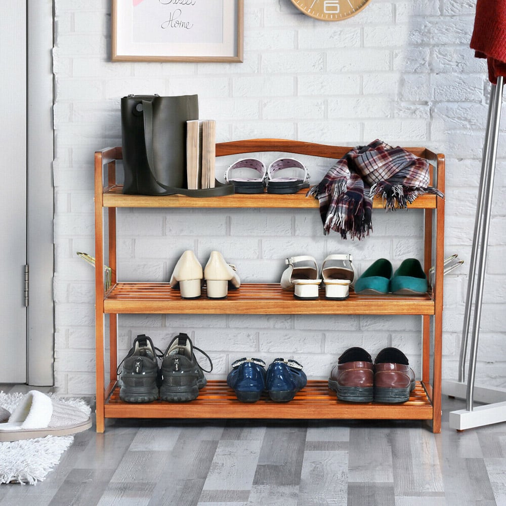 Costway 3 Shelf Solid Acacia Wood Shoe Rack with Side Metal Hooks Image 5