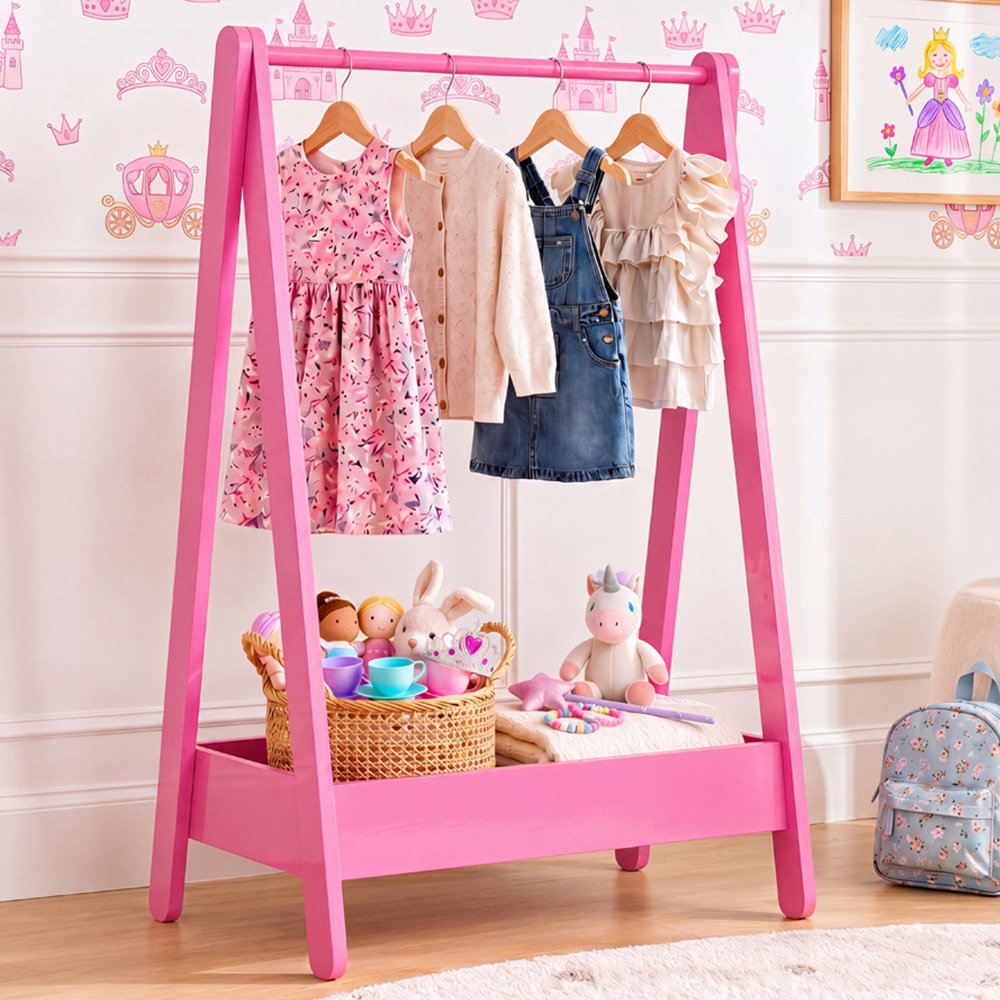 JUNIOR VIDA Pink Kids Clothes Rack with Storage Shelf Image 1