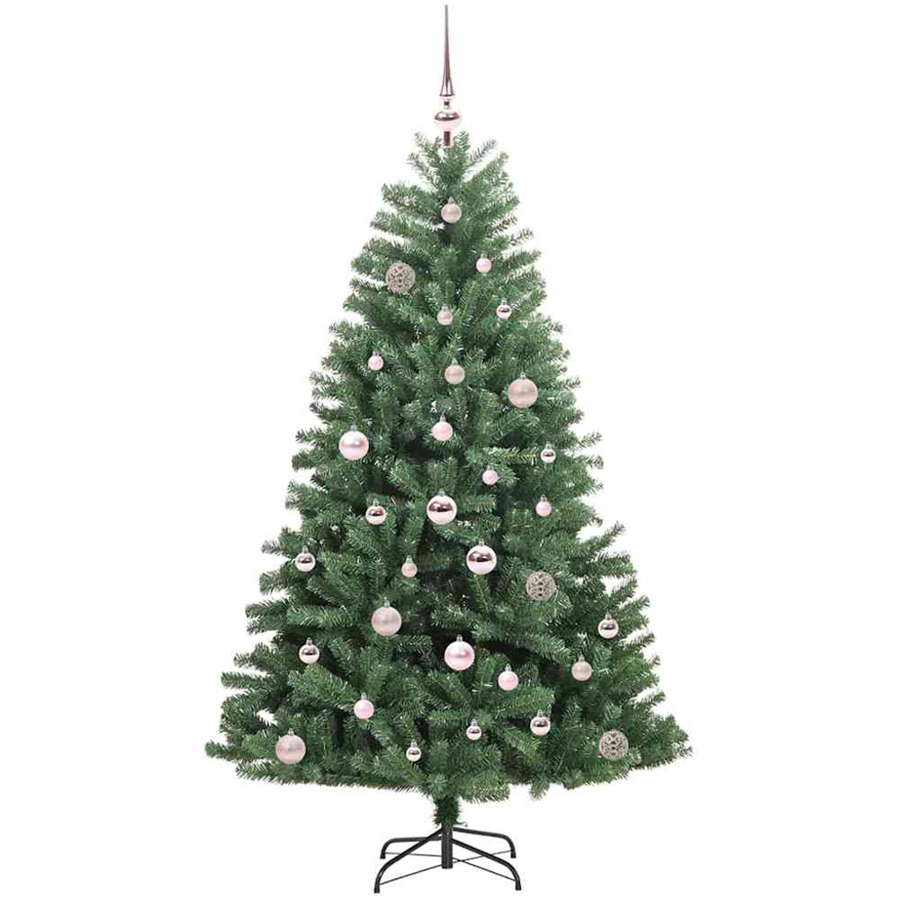 vidaXL Pre-Lit Pink Baubles Green Artificial Hinged Christmas Tree 5ft Image 4