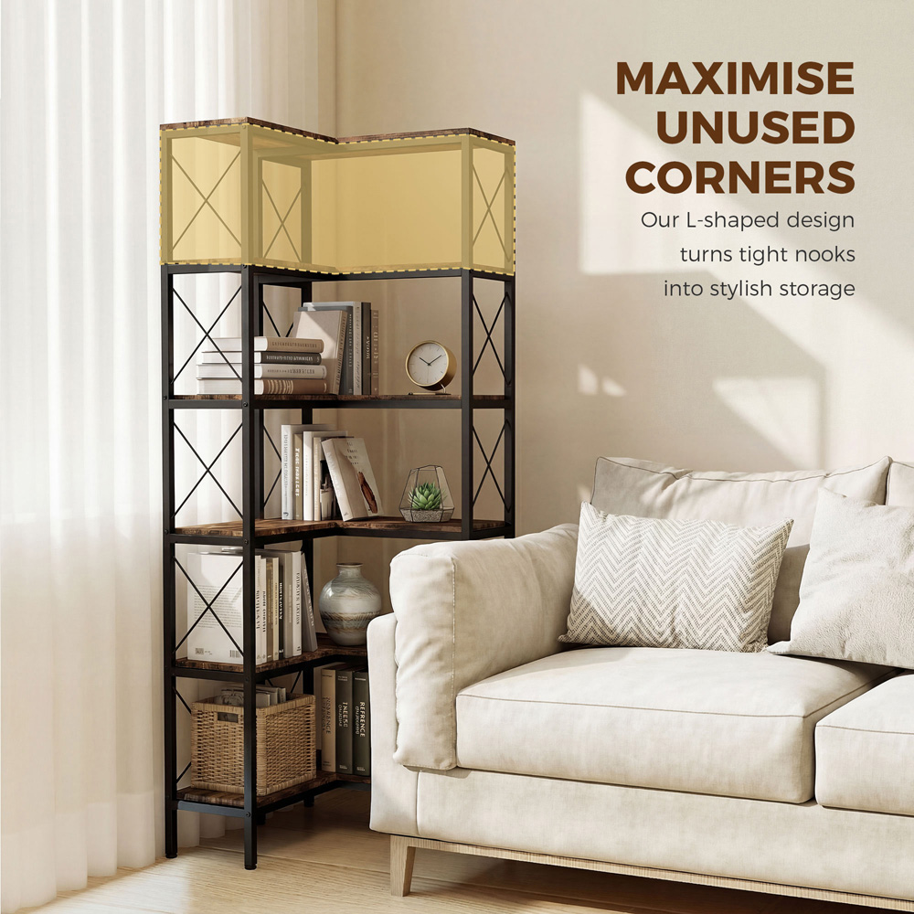 HOMCOM 5-Tier Rustic Brown L-Shaped Bookshelf Image 4