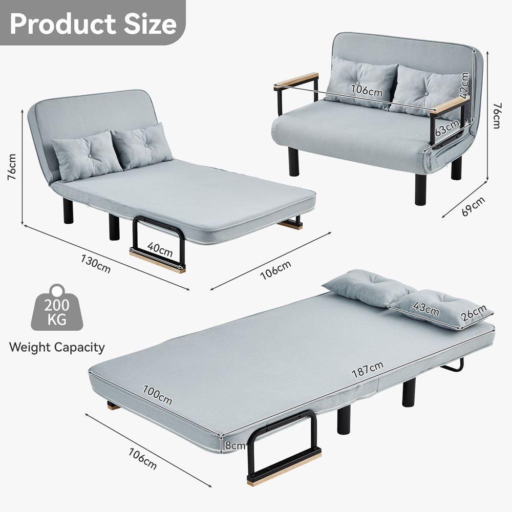 2 Seater Light Grey 4-in-1 Foldable Sofa Bed with Adjustable Backrest and Large Cushion Image 7