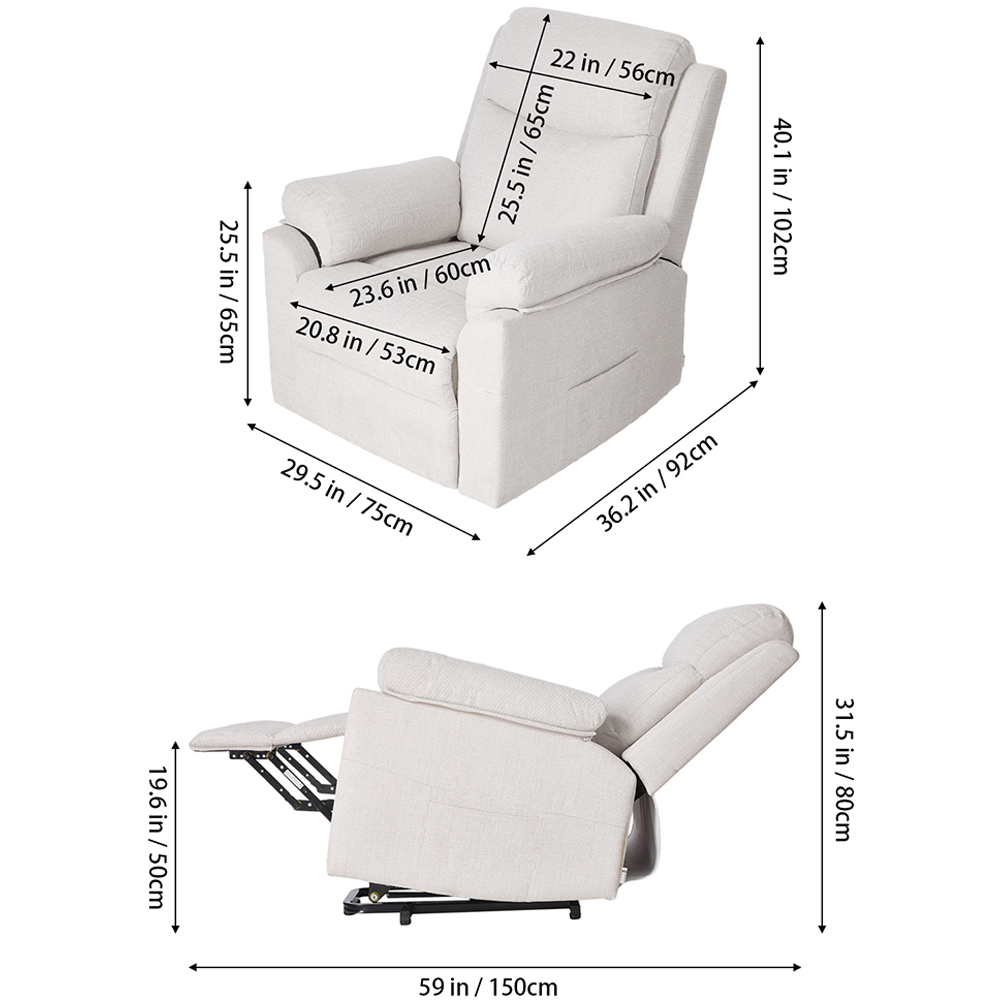 Living and Home Beige White Chenille Push Back Recliner Armchair with Footrest Image 9