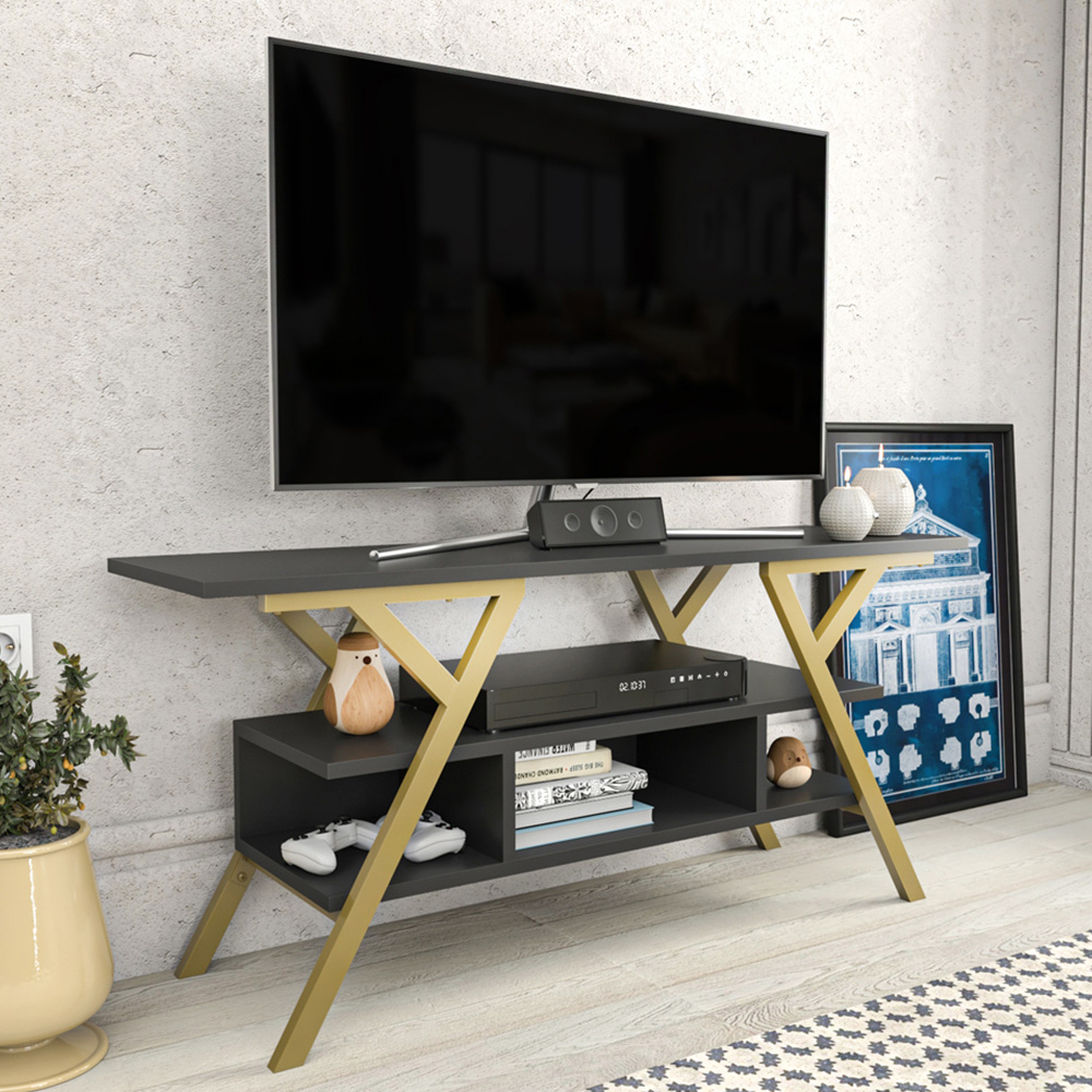 Decorotika Minerva Decorative 4 Open Shelf Gold and Anthracite TV Unit Image 6