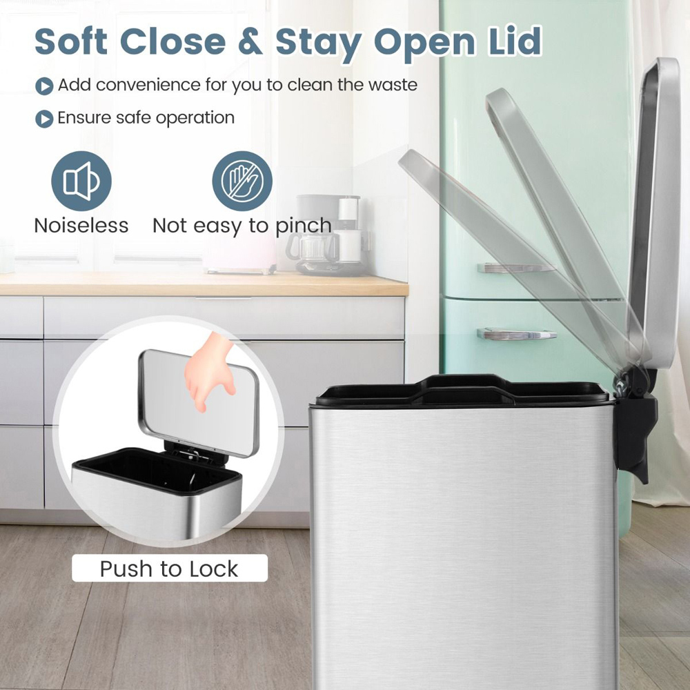 Costway Silver Step Trash Can Combo Set 40L and 6L Image 4