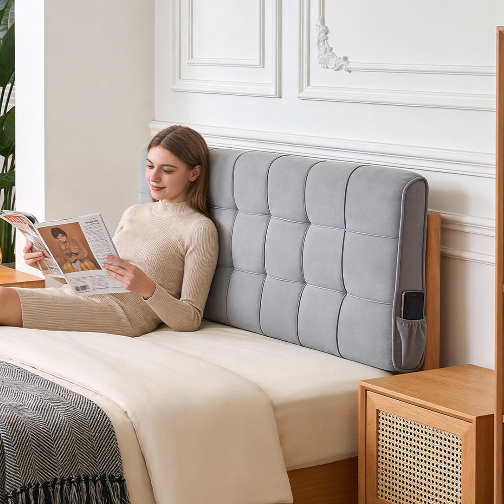 Living and Home Light Grey Quilted Rectangular Headboard Cushion with Side Pocket 60 x 180cm Image 2