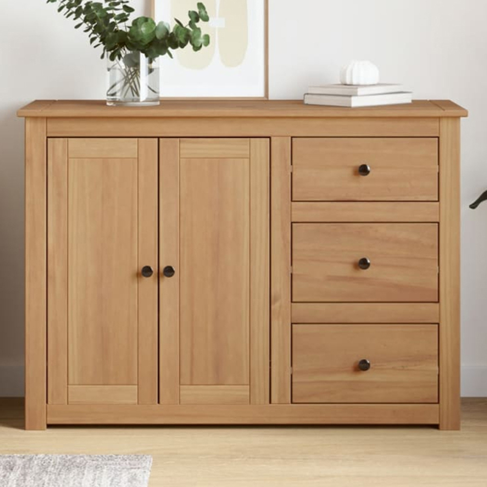 vidaXL Panama 2 Door 3 Drawer Brown Solid Pine Wood Sideboard Image 1