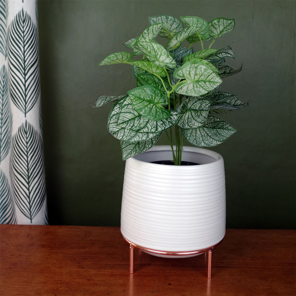Leaf White Ceramic Planter with Metal Stand Image 3