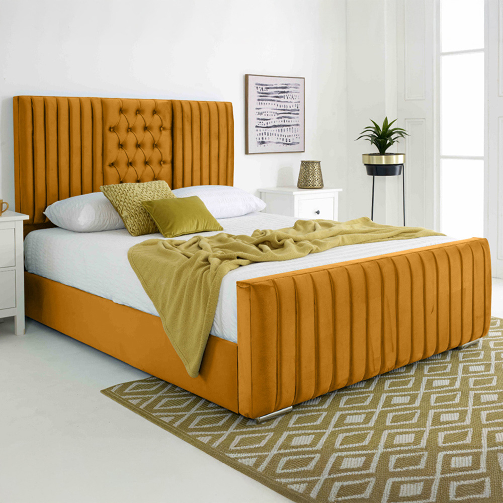 Eleganza Gracie Double Mustard Plush Velvet Bed Frame with Lined Headboard Image 1