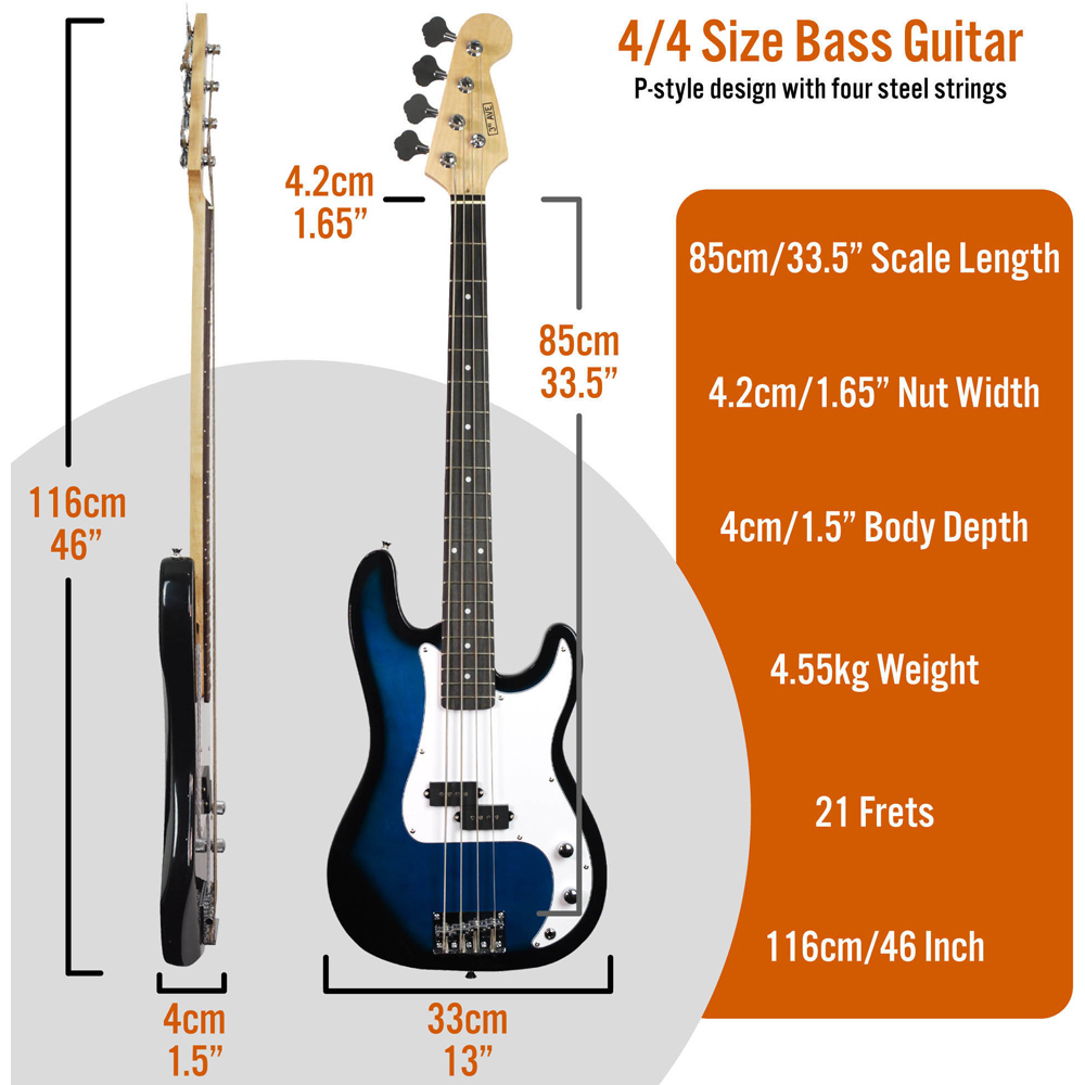 3rd Avenue Blueburst Full Size Electric Bass Guitar Set Image 6