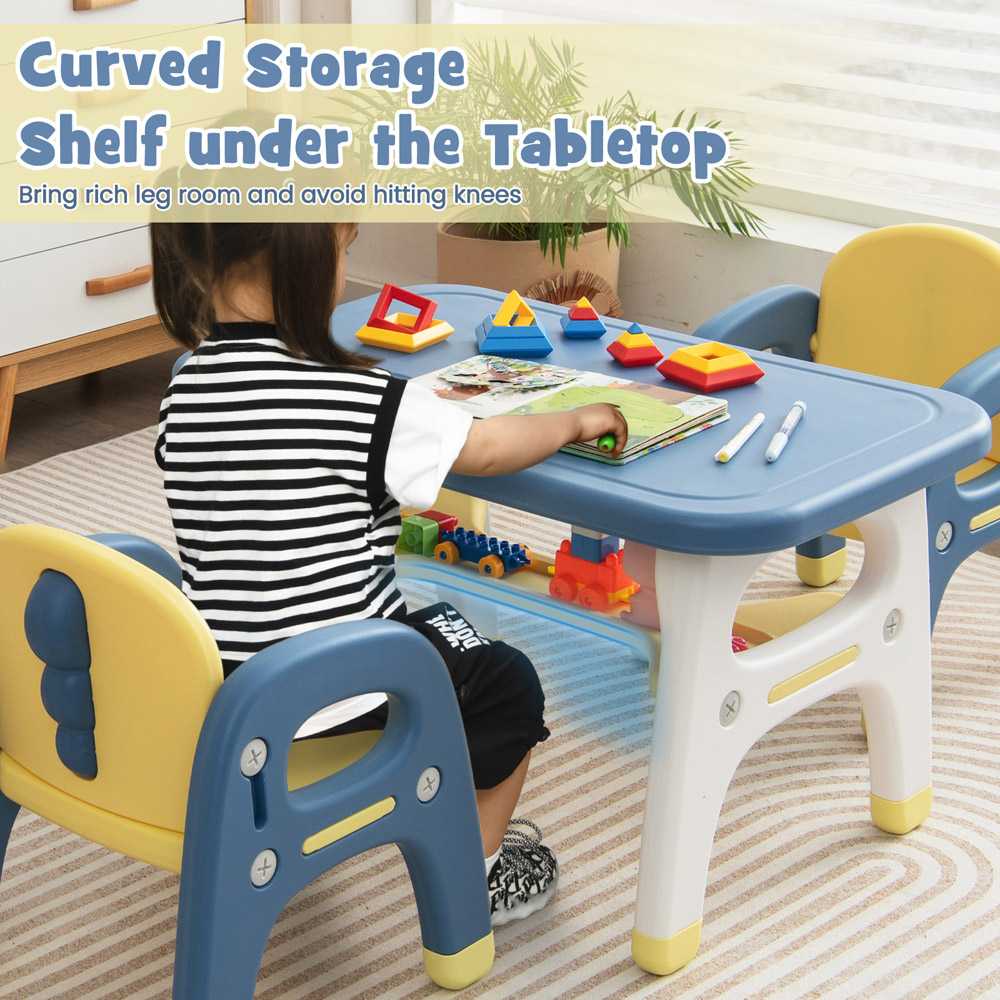 Costway 2 Seater Blue Kids Table and Chair Set with Shelf and Building Blocks Image 4
