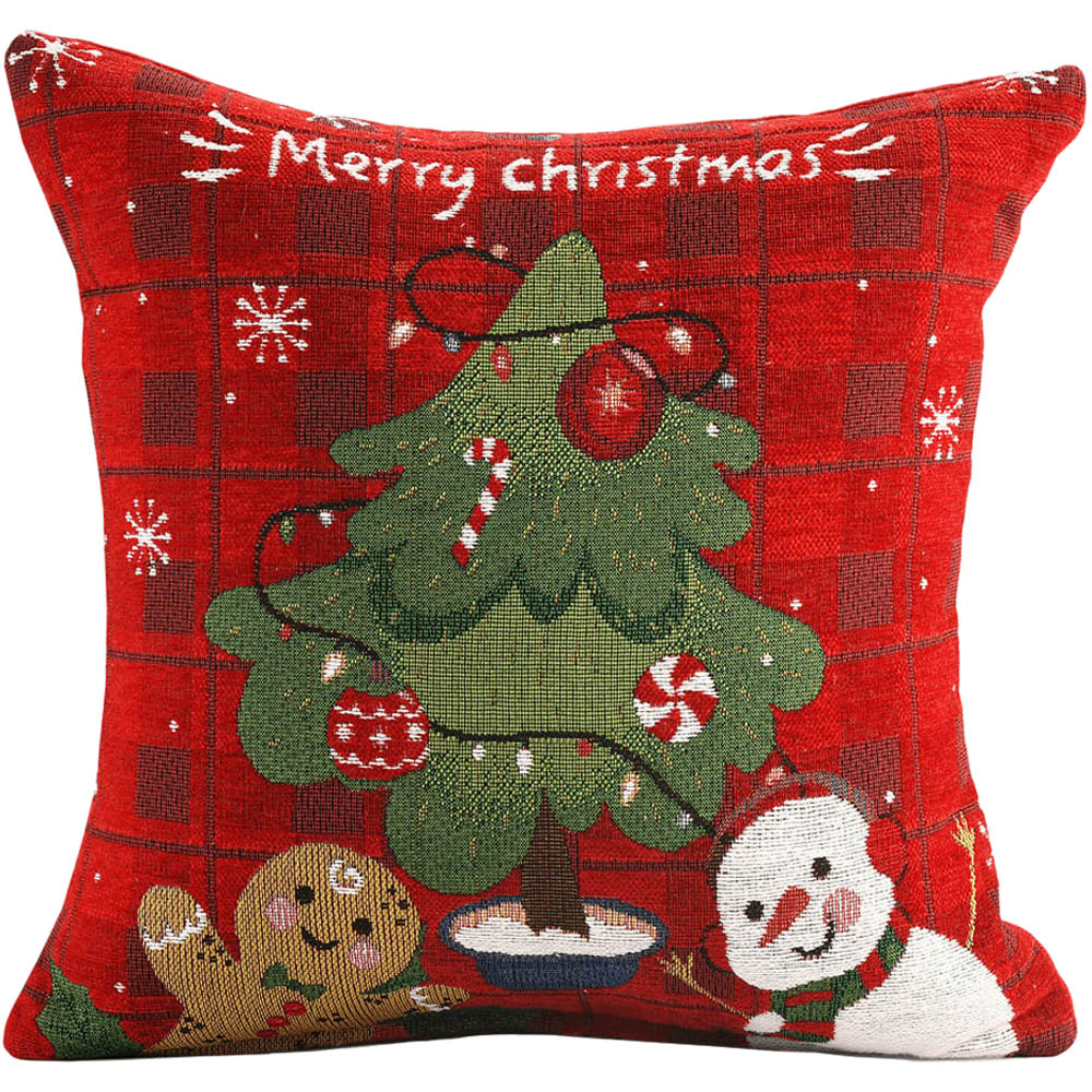 Noel Square Merry Xmas Tree Check Cotton Chenille Cushion Image 1