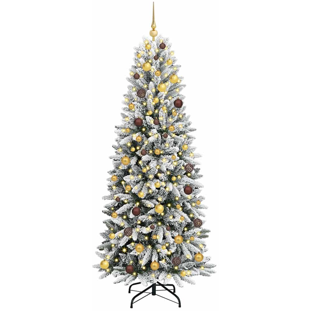 vidaXL Pre-Lit Gold Baubles Artificial Snow Flocked Christmas Tree 7ft Image 1