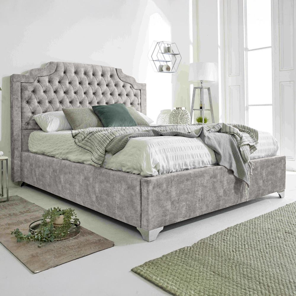 Eleganza Ryker Small Double Silver Oakland Fabric Bed Frame with Chesterfield Headboard Image 1
