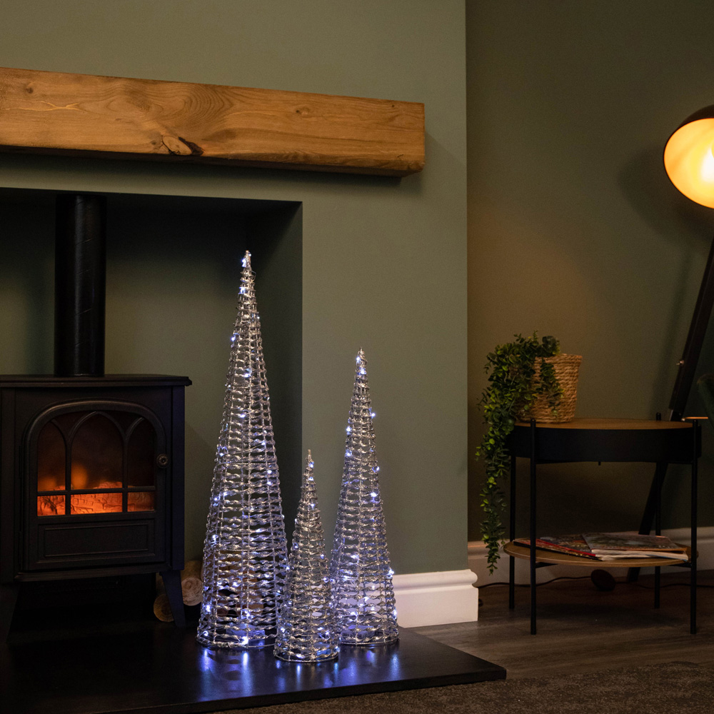Samuel Alexander Cool White LED Pre Lit Silver Glitter Twist Cone Christmas Tree Set of 3 Image 2