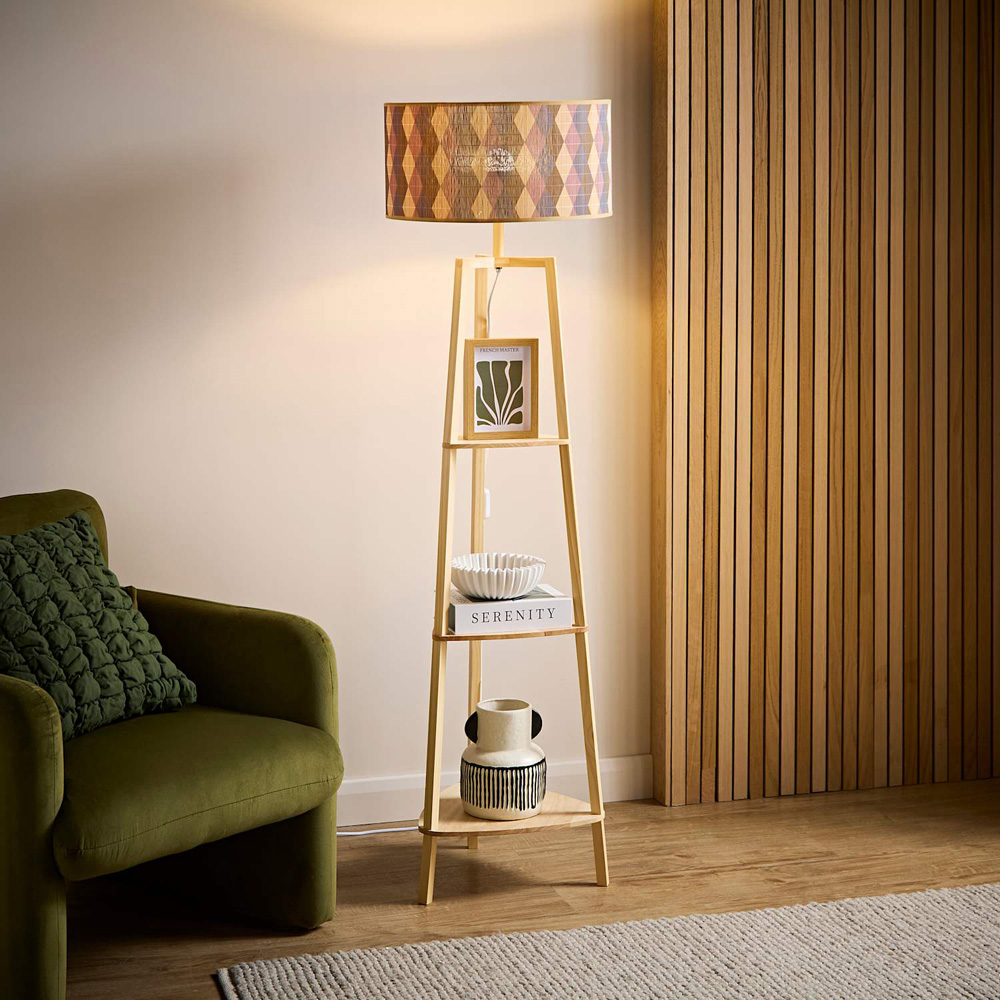 ValueLights Hiru 3 Shelf Diamond Print Bamboo Drum Shade Natural Wooden Floor Lamp with Bulb Image 5