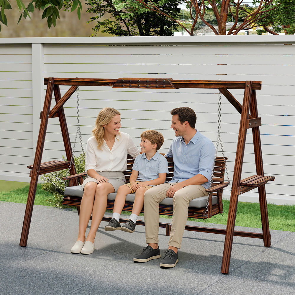 Outsunny 3 Seater Grey Garden Swing Chair with Side Trays and Cushion Image 3