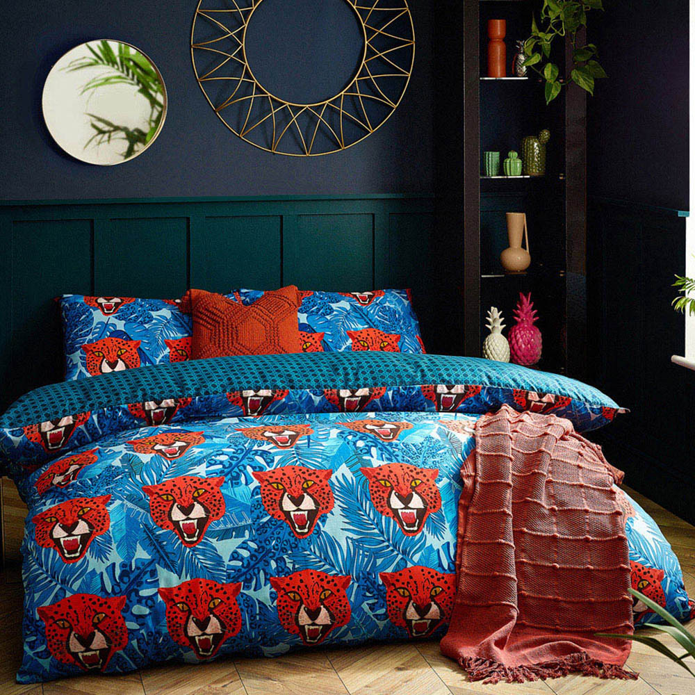 furn. Untamed Double Blue Cheetah Botanical Duvet Cover Set Image 1