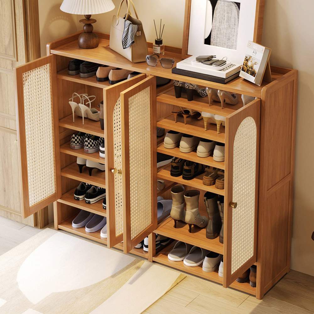 Living and Home 4 Door Single Open Shelf Brown Rattan Tall Shoe Cabinet Image 8