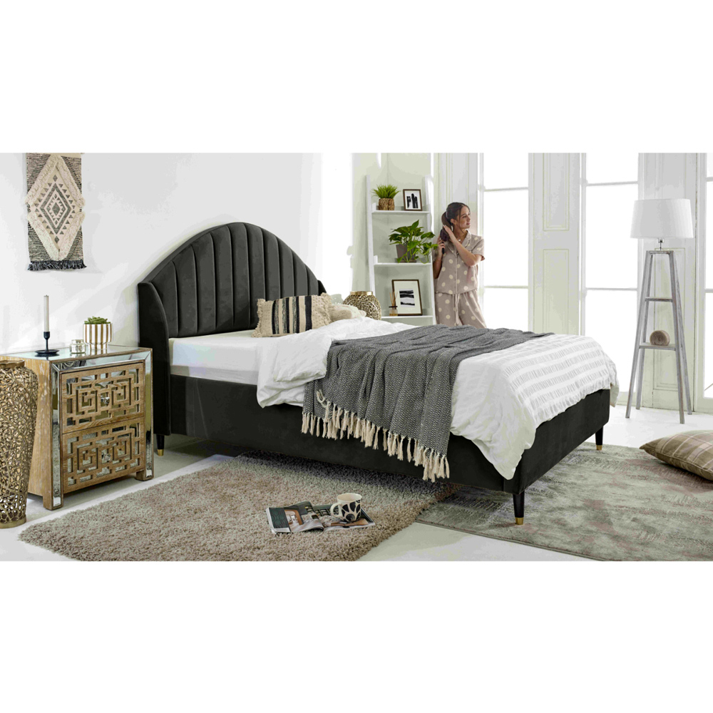 Eleganza Elysium Small Double Black Plush Velvet Bed Frame with Curved Winged Headboard Image 5