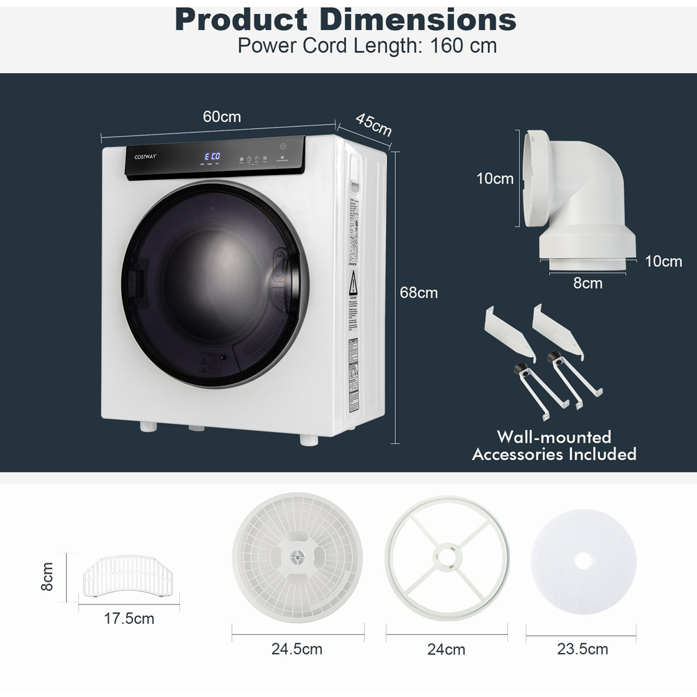 Costway Electric Stainless Steel Compact Clothes Dryer with Multi Layer Filtration 4kg Image 9