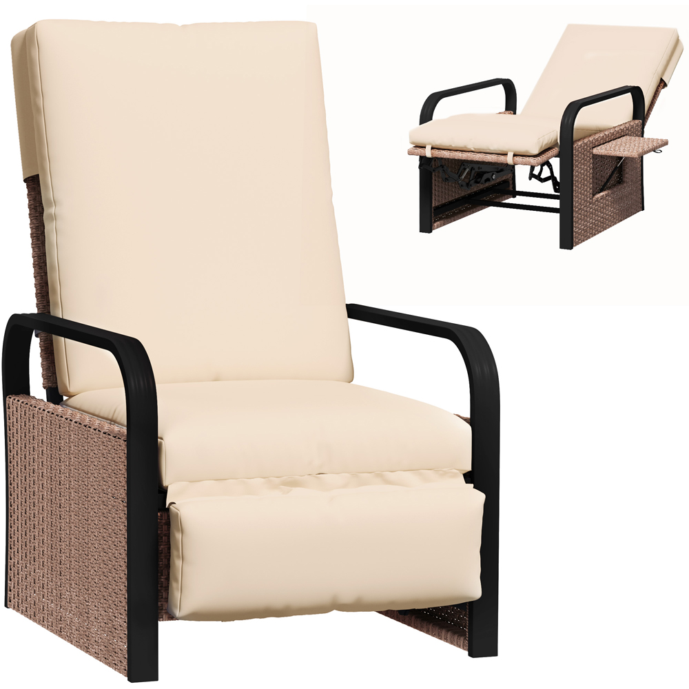 Outsunny Brown and Khaki Rattan Garden Recliner Chair Sun Lounger with Side Tray Image 2