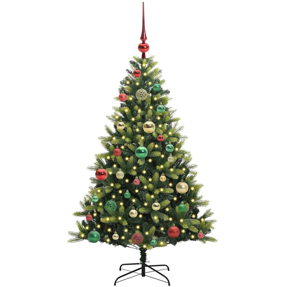 vidaXL Pre-Lit Multicolour Baubles Green Artificial Hinged Christmas Tree 4ft Image 1