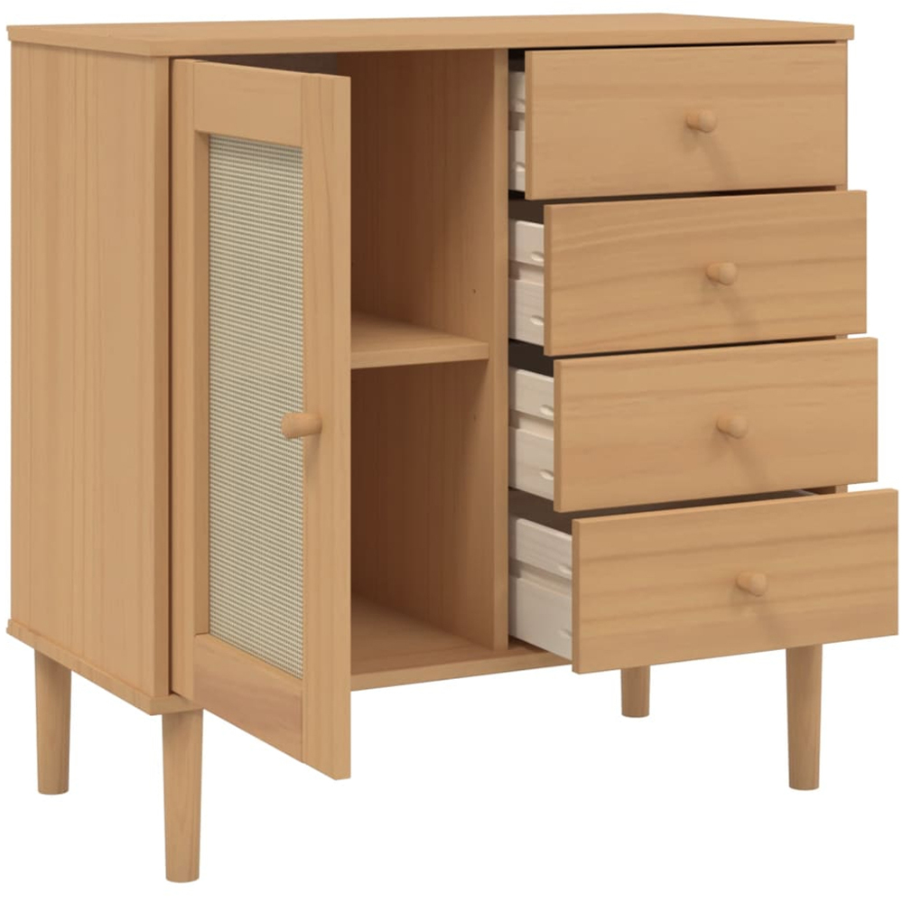 vidaXL Single Rattan Door 4 Drawer Brown Pine Wood Sideboard Image 6