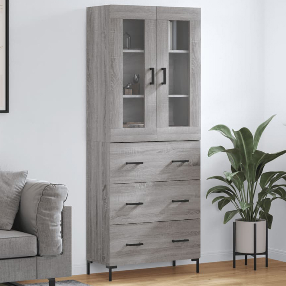 vidaXL 2 Glass Door 3 Drawer Grey Sonoma Highboard Image 1