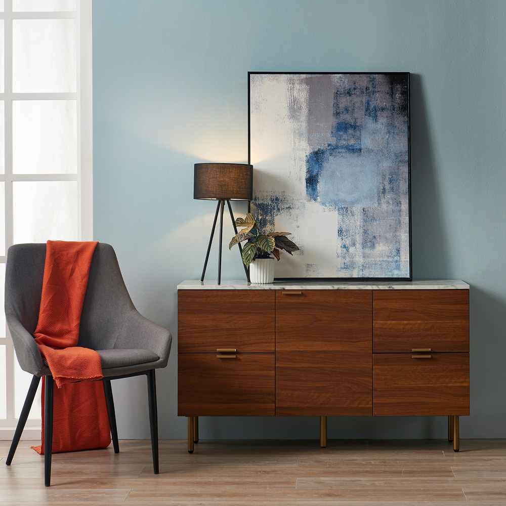 Teamson Home Ashton Single Door 4 Drawer Walnut Wooden Sideboard with Marble-Look Top Image 6
