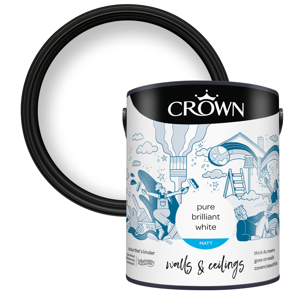 Crown Breatheasy Walls & Ceilings Pure Brilliant White Premium Matt Emulsion Paint 5L Image 1