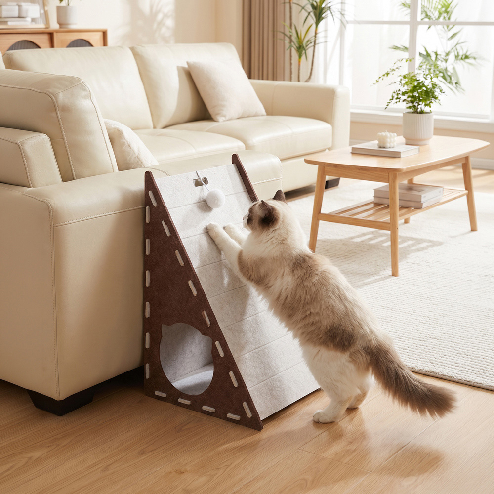 H&O Direct Brown 2 Tone Felt Triangle Cat Scratcher House with Hanging Fluffy Ball Image 2