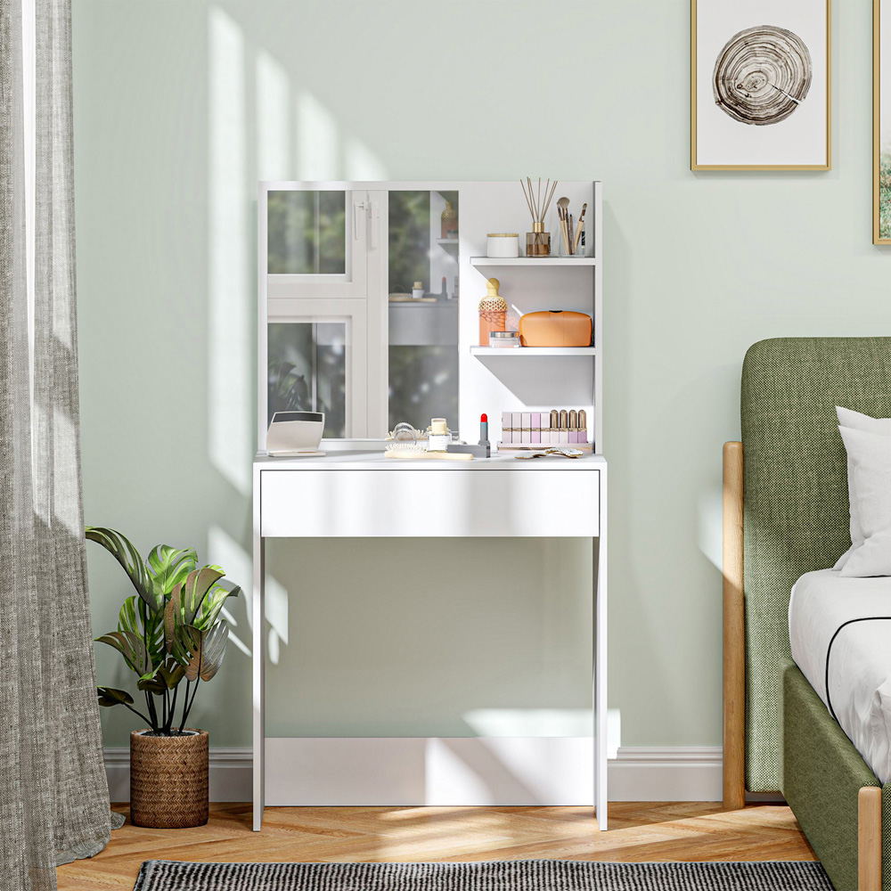 HOMCOM Single Drawer 3 Shelf White Dressing Table with Mirror Image 4