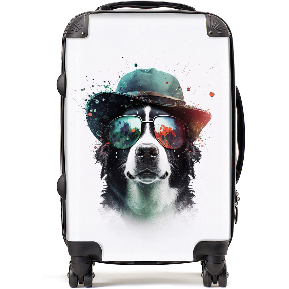 Warren Reed Designer Cabin Splashart Border Collie Dog Face Glasses and Hat Suitcase Image 1