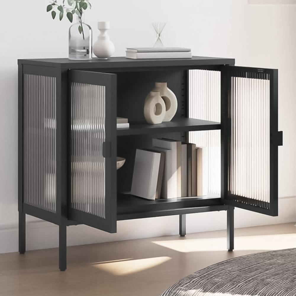 vidaXL 2 Glass Door 2 Shelf Black Wooden Sideboard Image 1