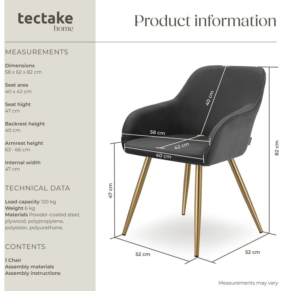 tectake Marilyn Anthracite and Gold Corduroy Padded Dining Chair Image 9