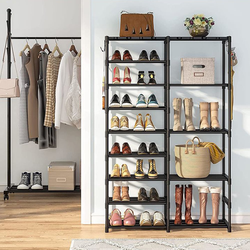 H&O Direct 12 Shelf Large Metal Shoe Rack with Boot Storage and Hooks Image 5