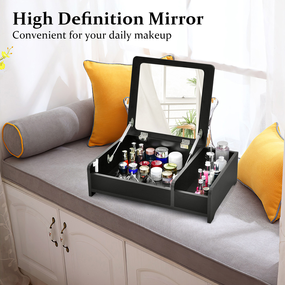 Costway Black Desktop Makeup Organiser with Flip Top Mirror Image 4