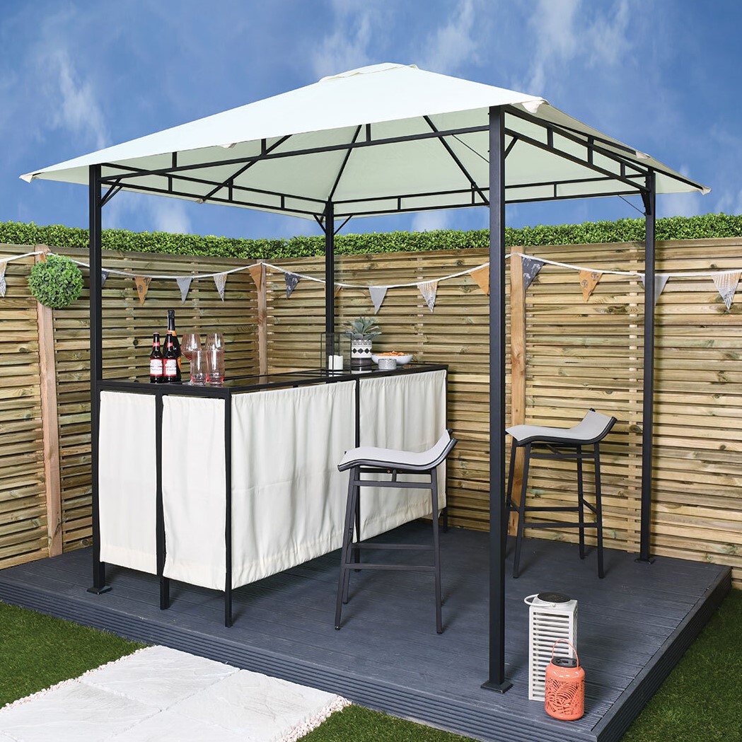 2.4 x 2.4m Cream Steel Bar Gazebo with 2 Chairs Image 1