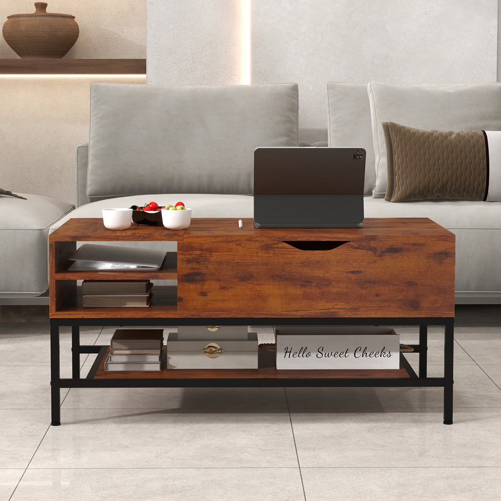 Costway 3 Shelf Rustic Brown Lift Up Top Coffee Table Image 3