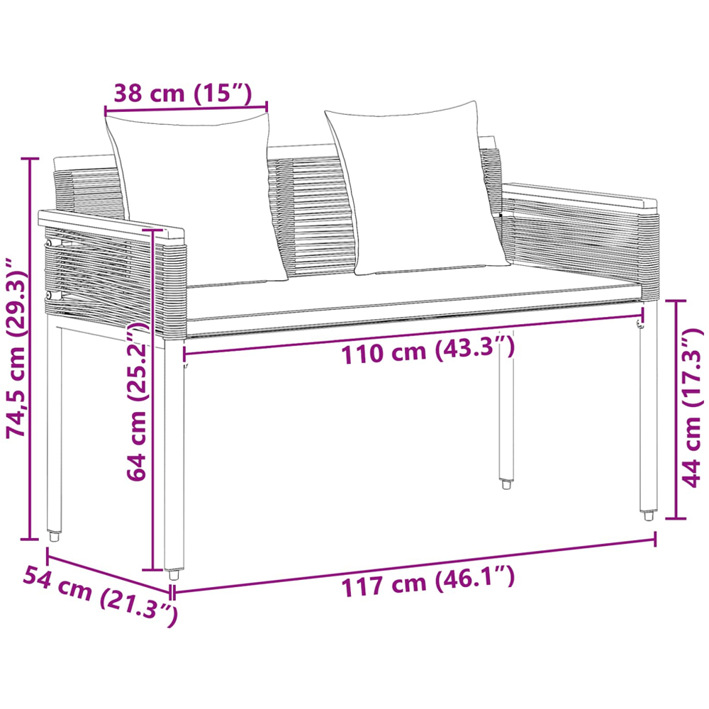 vidaXL Black Poly Rattan Garden Bench with Cushion 117 x 54 x 74.5cm Image 9