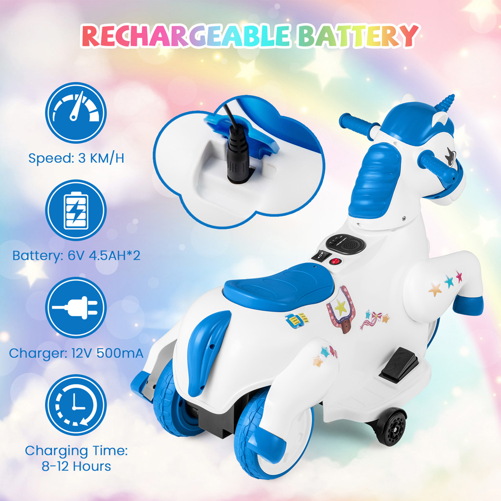 Costway Kids Blue and White Unicorn Ride On Toy with Training Wheels 12V Image 7