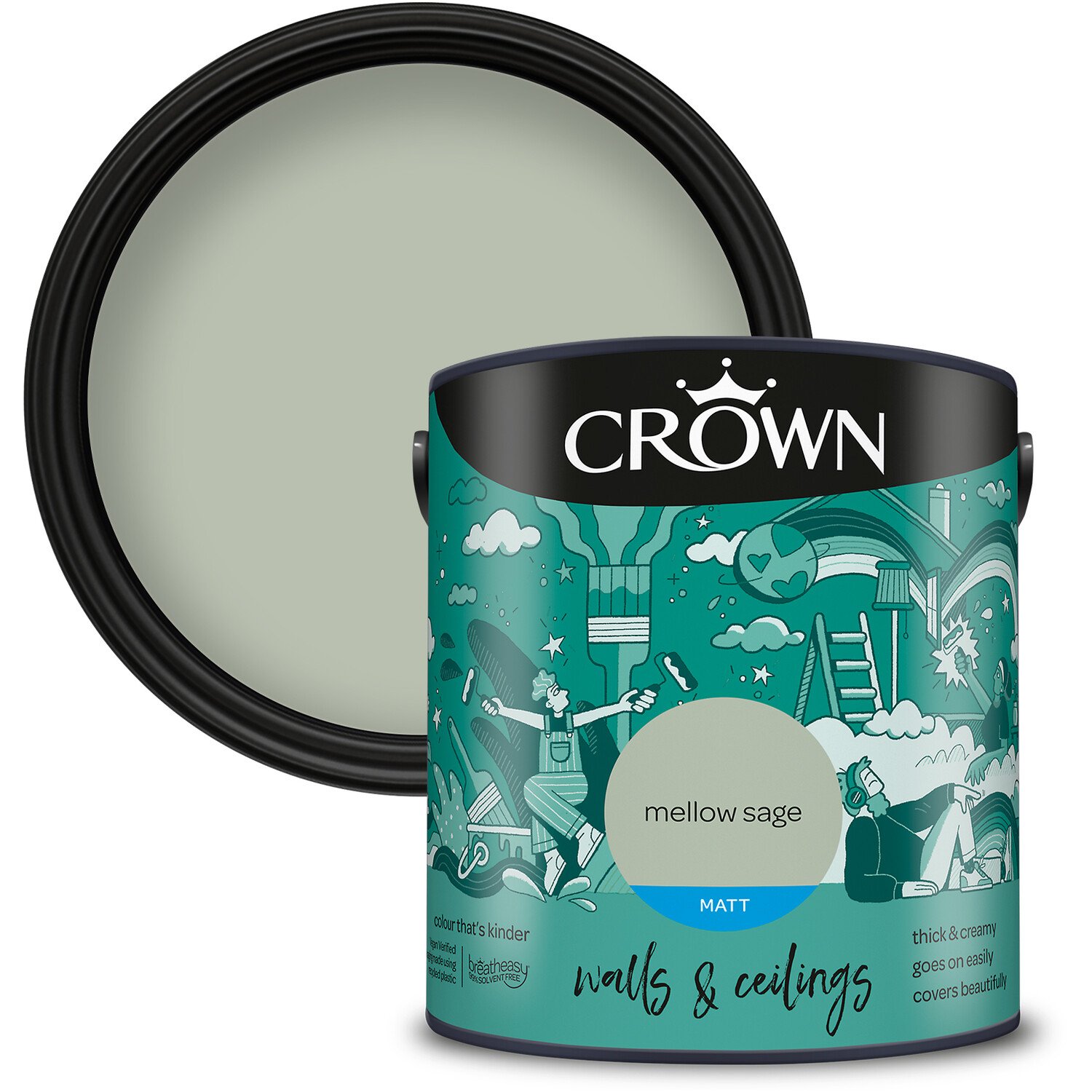 Crown Wall & Ceilings Mellow Sage Matt Emulsion Paint 2.5L Image 1