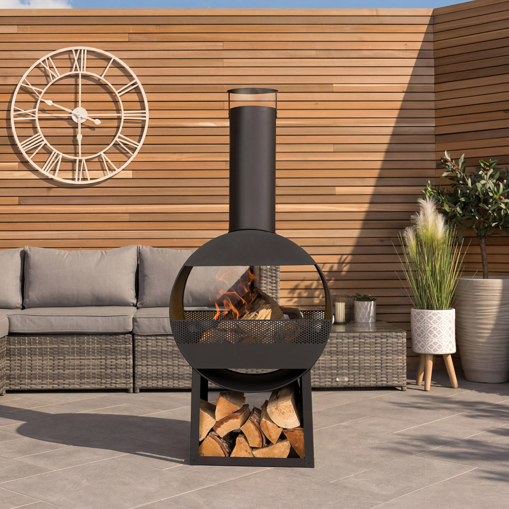 Charles Bentley Snug Sao Paul Black Powder Coated Steel Modern Chimenea with Poker and Log Storage Image 2