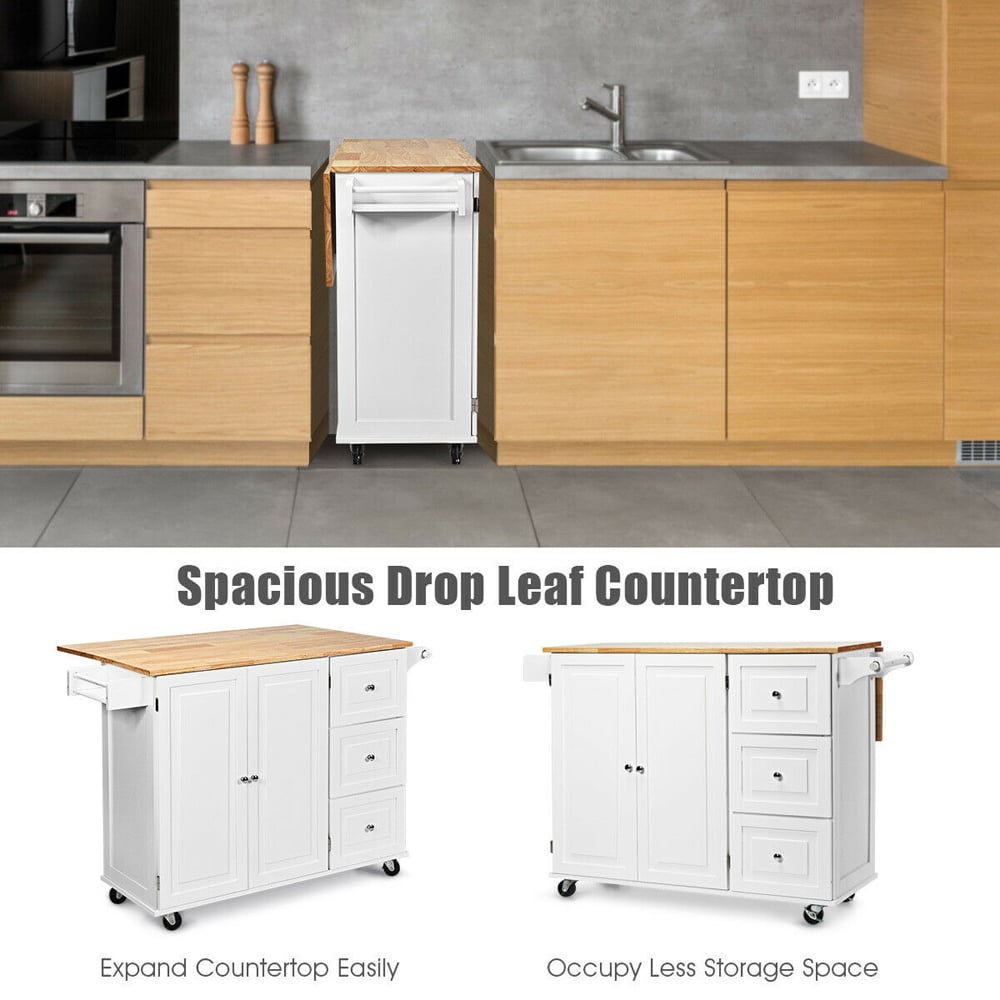 Costway 3 Drawer and 2 Door White Kitchen Island Cart on Wheels Image 4