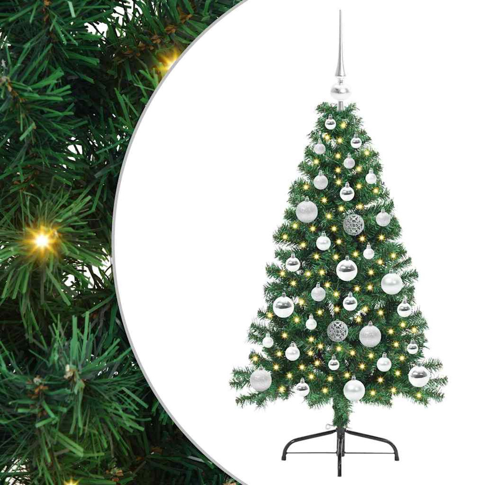 vidaXL Pre-Lit Silver Baubles Green Artificial Christmas Tree 4ft Image 2