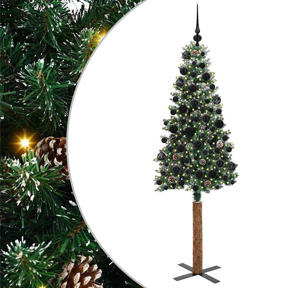 vidaXL Green Snow Flocked Artificial Christmas Tree with Pinecones LEDs Black Ornaments 6ft Image 2