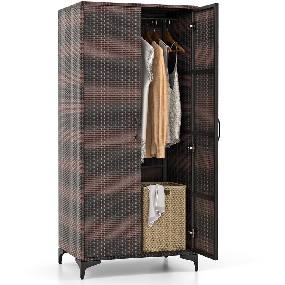 Costway 4 Storage Cube Brown Rattan Wardrobe Armoire Closet Image 3