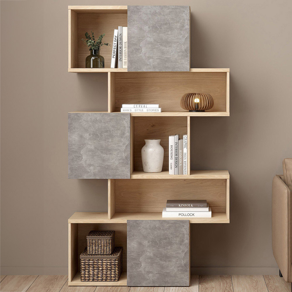Furniture To Go Maze 3 Door 5 Shelf Jackson Hickory and Concrete Asymmetrical Bookcase Image 1